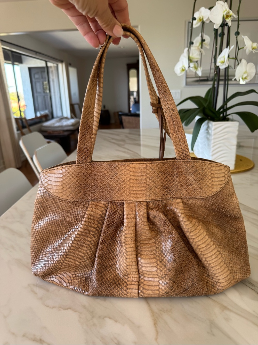 Furla Italian Leather Tan Shoulder Bag - snake skin pattern & texture